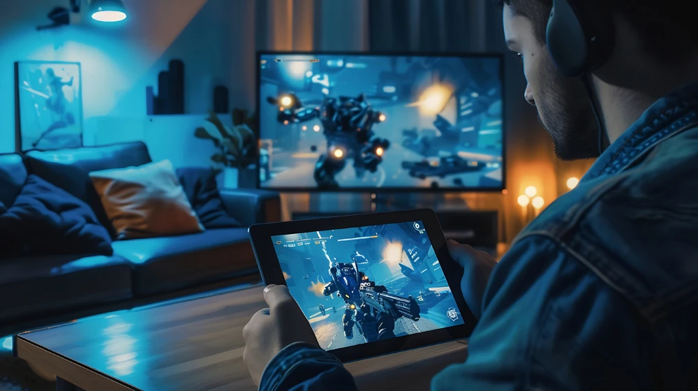 Person using a tablet in front of a television