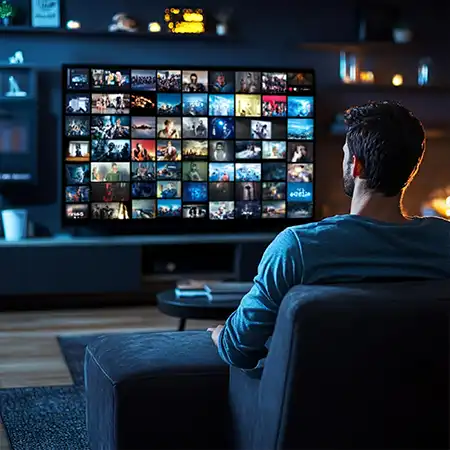 Televizyonda içerik listesini inceleyen kişi