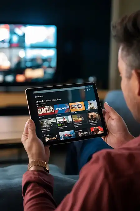 Televizyon karşısında tablet kullanan izleyici