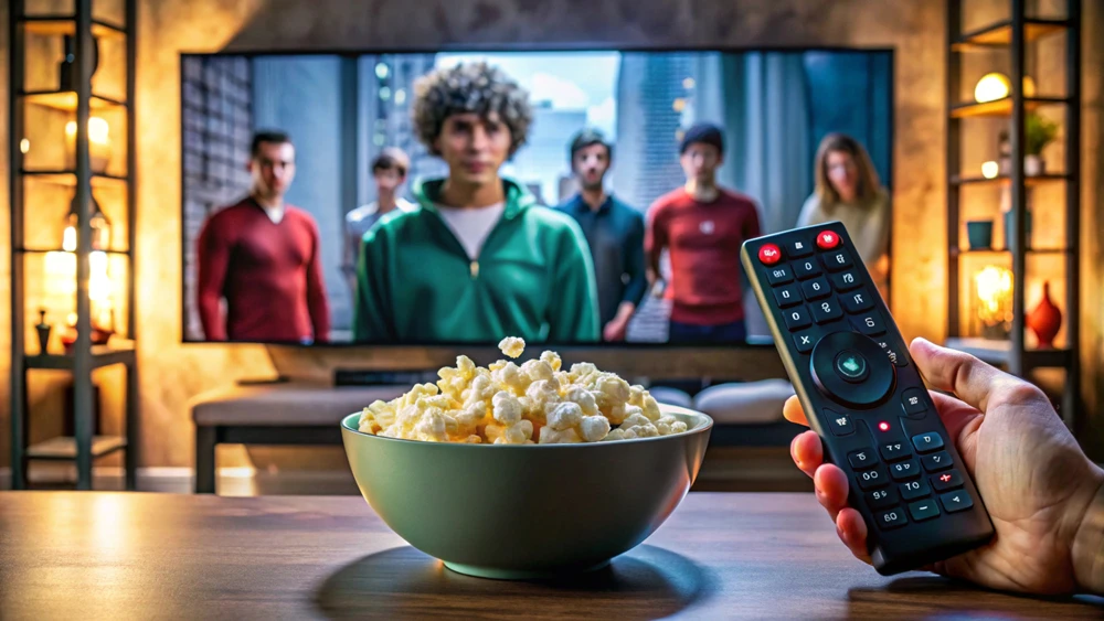 Televizyonun önünde kumanda ve atıştırmalıklar