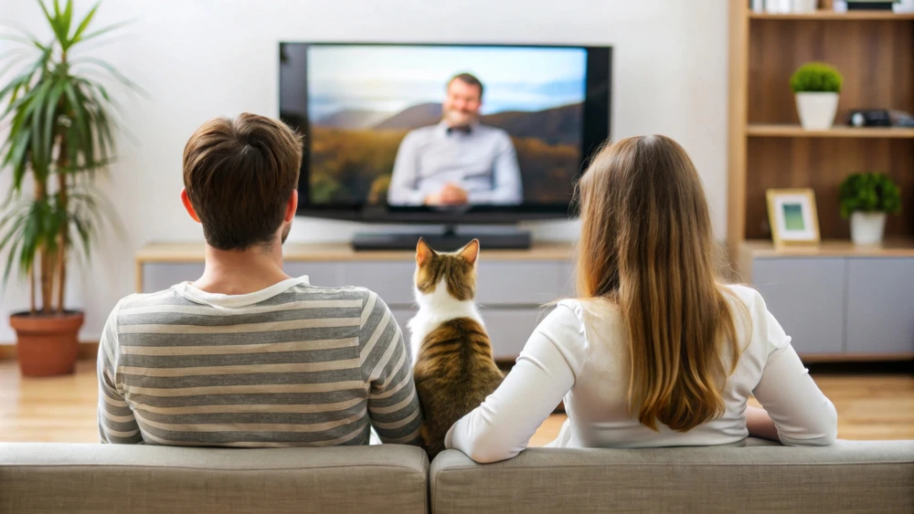 Kanepede birlikte televizyon izleyen iki kişi