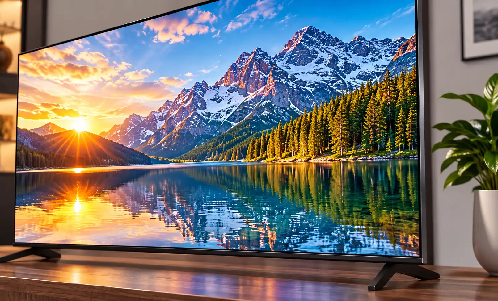 Televizyon ekranında dağ ve göl manzarası