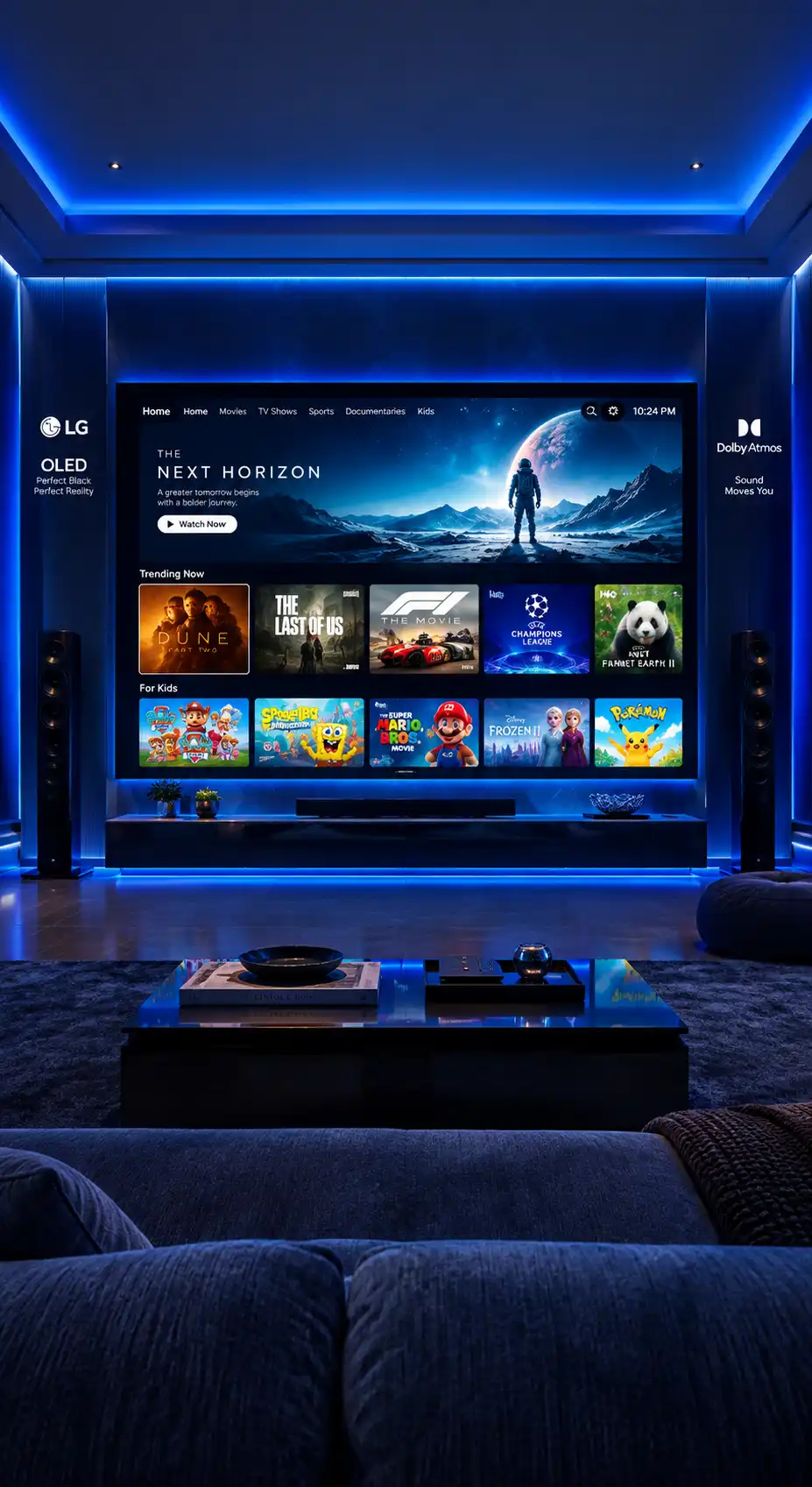 Mavi aydınlatmalı odada televizyon içerik ekranı