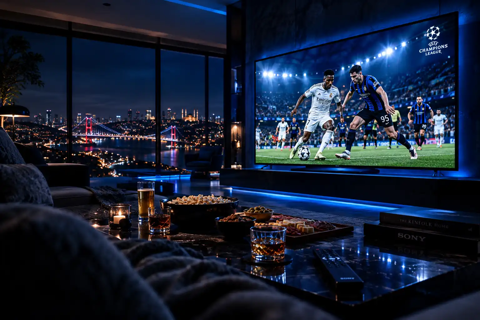 Oturma odasındaki televizyonda futbol görüntüsü