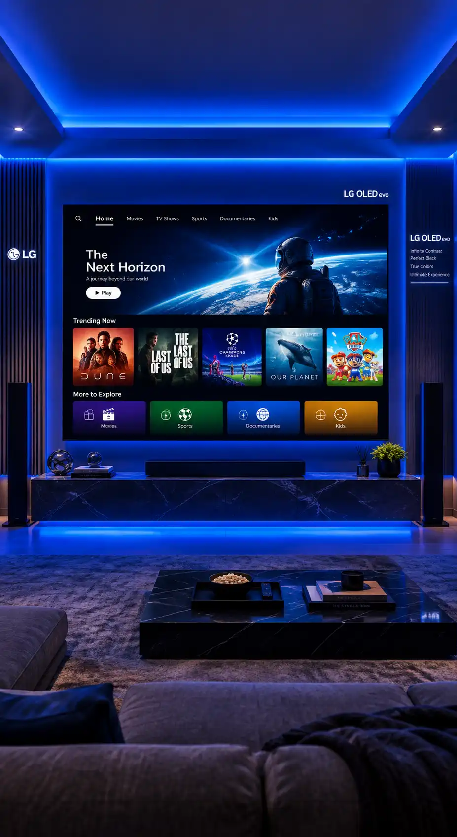Mavi aydınlatmalı televizyon içerik ekranı